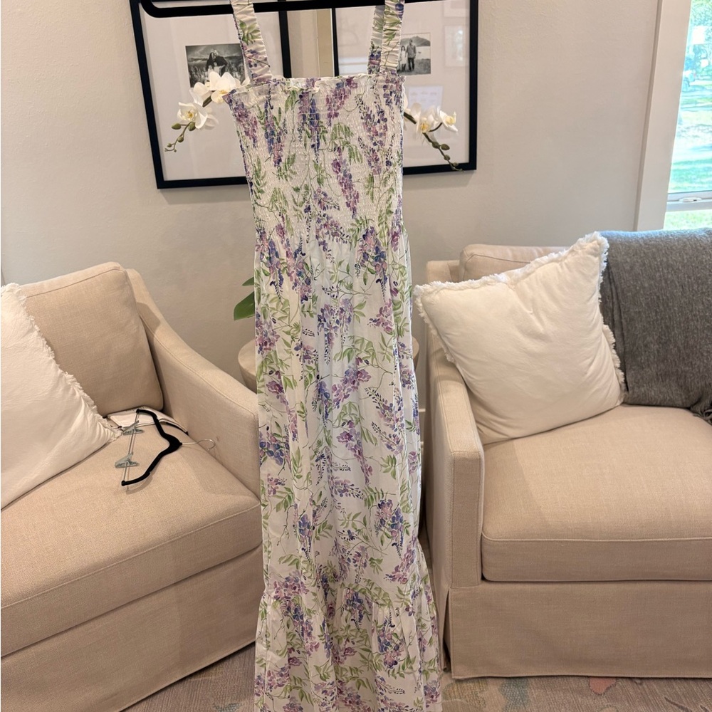 Hill House White Nap Dress with Lavender & Green Floral Print